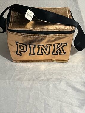 PINK Victoria's Secret Metallic Gold Lunch Tote with Black Strap New with Tags